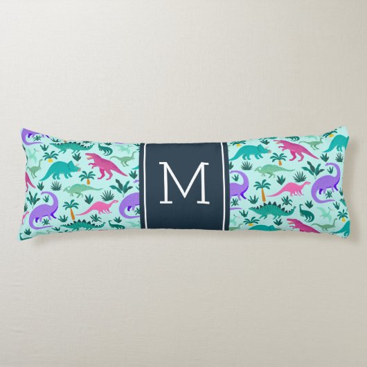 Coussins Longs Aqua | Joli Motif Dinosaure coloré Monogramme enfa (Devant)
