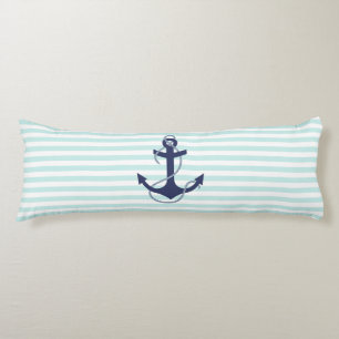 Coussins Longs Aqua nautique et rayures blanches Marine Ancre ble