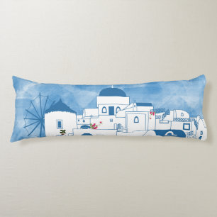 Coussins Longs Aquarelle bleue et blanche Santorin Grèce
