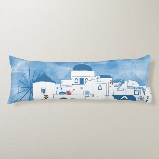 Coussins Longs Aquarelle bleue et blanche Santorin Grèce (Devant)