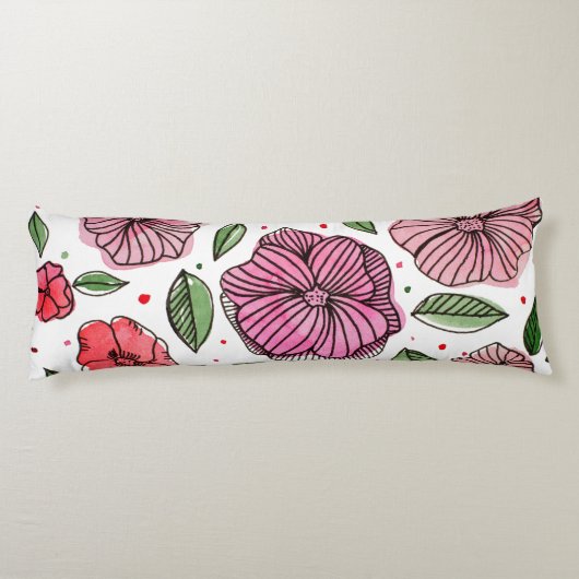 Coussins Longs Aquarelle et fleurs d'encre - rose et vert (Dos)