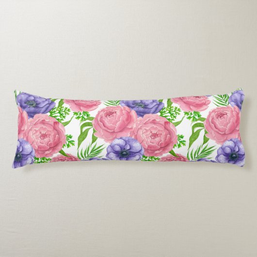 Coussins Longs Aquarelle motif avec des fleurs de pivoine et d'an (Devant)