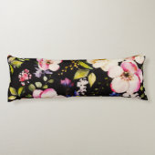 Coussins Longs Aquarelle rose Roses jaunes sur noir, Monogramme (Dos)