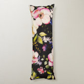 Coussins Longs Aquarelle rose Roses jaunes sur noir, Monogramme (Dos (Vertical))