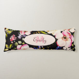 Coussins Longs Aquarelle rose Roses jaunes sur noir, Monogramme