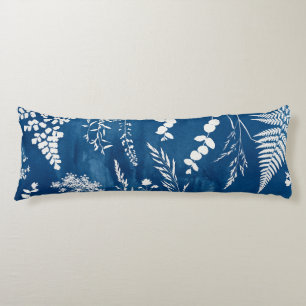 Coussins Longs Art botanique de fougère au cyanotype bleu indigo
