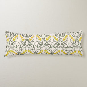 Coussins Longs Art Nouveau Jaunes Jonquilles et Tiges Crème