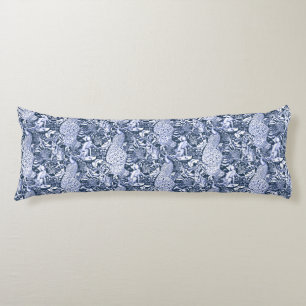 Coussins Longs Art Nouveau Peacock Print, Navy et White