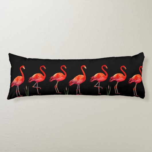 Coussins Longs Beaux Flamants roses roses sur Noir (Devant)
