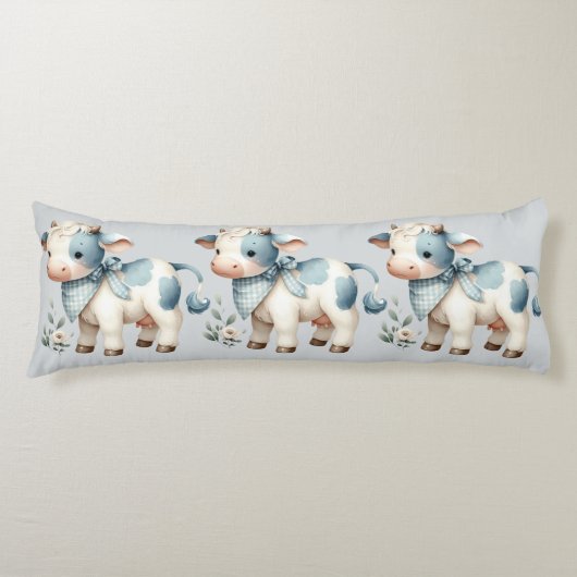 Coussins Longs Bébé Vache Gingham Bleu Pastel Esthétique Ferme (Devant)