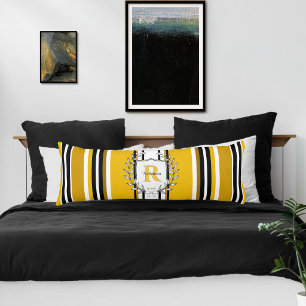 Coussins Longs Blason de monogramme jaune et noir rayures nom de