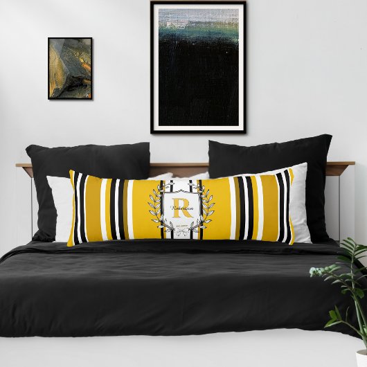 Coussins Longs Blason de monogramme jaune et noir rayures nom de