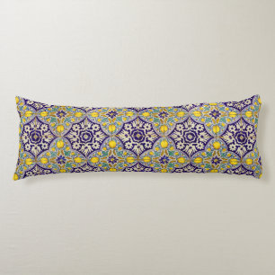 Coussins Longs Bleu Méditerranée Motif Fleurs Jaunes