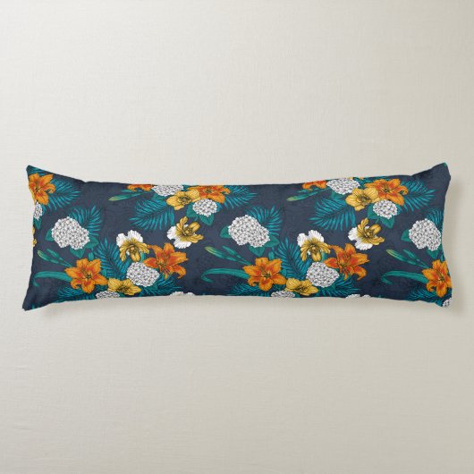Coussins Longs Bouquet tropical sur bleu (Devant)