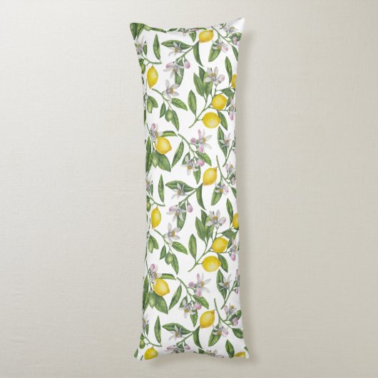 Coussins Longs Branches de citron avec fleurs et fruits sur blanc (Dos (Vertical))
