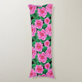 Coussins Longs Camellias rose Fuchsia et Feuilles verts Jade (Devant (Vertical))