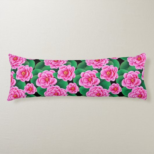 Coussins Longs Camellias rose Fuchsia et Feuilles verts Jade (Devant)
