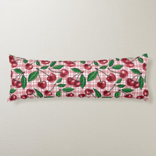 Coussins Longs Cerises rouges sur en vichy rose (Devant)