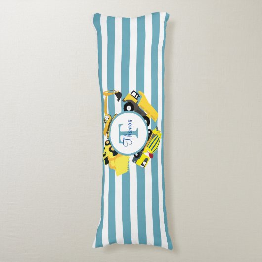Coussins Longs Chariots de construction Bleu rayures Monogramme (Devant (Vertical))