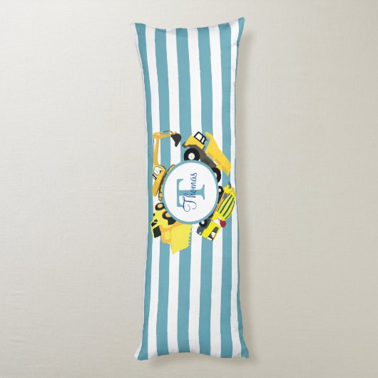 Coussins Longs Chariots de construction Bleu rayures Monogramme (Dos (Vertical))