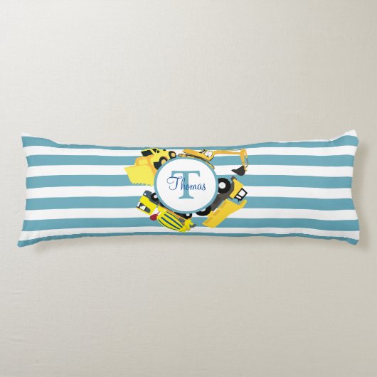 Coussins Longs Chariots de construction Bleu rayures Monogramme (Devant)
