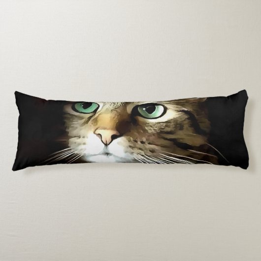 Coussins Longs Chat Tigre aux Yeux Verts Isolé sur Fond Noir (Devant)