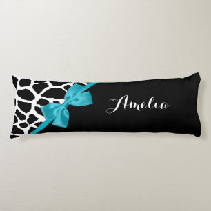 Coussins Longs Chic Giraffe Imprimer Aqua Blue Ribbon Bow Nom