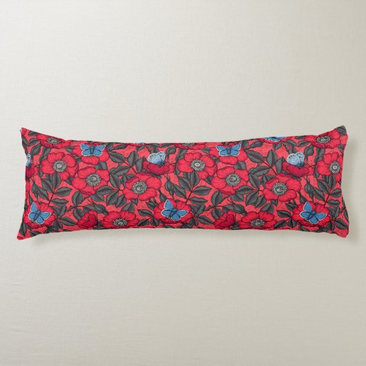 Coussins Longs Chien rose et papillons en rouge et bleu (Devant)