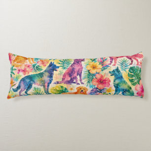Coussins Longs Chiens Aquarelle Tropicale