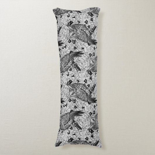 Coussins Longs Chouettes dans le chêne, noir et blanc (Devant (Vertical))
