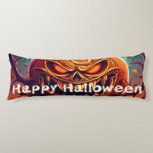 Coussins Longs Citrouille orange effrayante avec visage, Hallowee