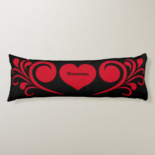 Coussins Longs Coeur romantique noir et rouge avec votre nom