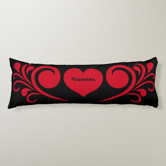 Coussins Longs Coeur romantique noir et rouge avec votre nom (Devant)