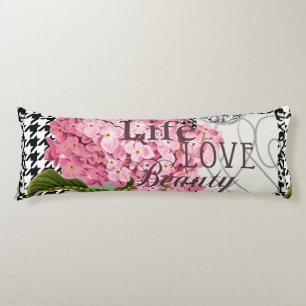 Coussins Longs Collage d'hortensia rose chic Art damassé vintage