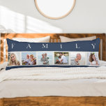 Coussins Longs Collage photo de famille 6 photo bleu<br><div class="desc">Coussin long personnalisé avec le mot FAMILY écrit au-dessus de vos photos. Le modèle photo est configuré pour vous pour ajouter 6 de vos photos préférées, qui sont affichées en format carré dans un style simple, style bande, collage photo. Cette pièce de décoration personnalisée, élégante et élégante, présente une palette...</div>