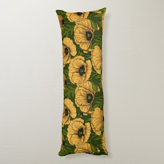Coussins Longs Coquelicots jaunes sur vert foncé (Dos (Vertical))