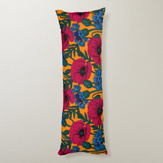 Coussins Longs Coquelicots rouges et fleurs de maïs bleues sur or (Dos (Vertical))