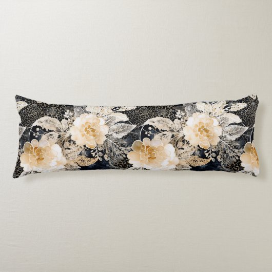 Coussins Longs Crème noire sauvage Léopard Animal Floral (Devant)