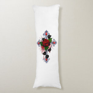 Coussins Longs Croix d'argent avec une rose rouge