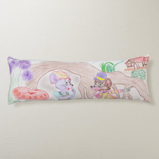 Coussins Longs Custom Kids Artwork, deux mignonnes souris, fleurs (Dos)