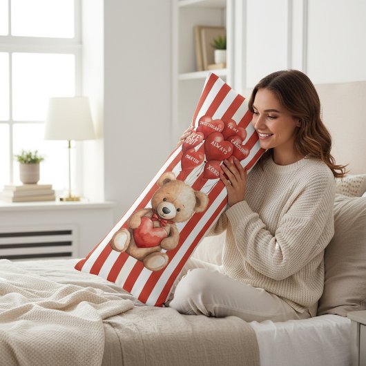 Coussins Longs Cute Teddy Bear Love Heart Balloons Red White