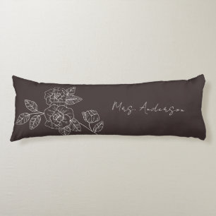 Coussins Longs Dessin de rose et nom en blanc sur fond sombre