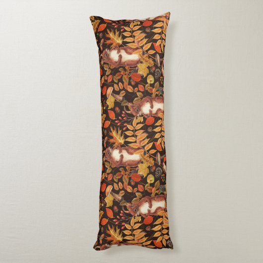 Coussins Longs Écureuils automnaux et flore sur brun foncé (Dos (Vertical))