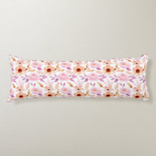 Coussins Longs Élégant rose pêche violet floral aquarelle blanc