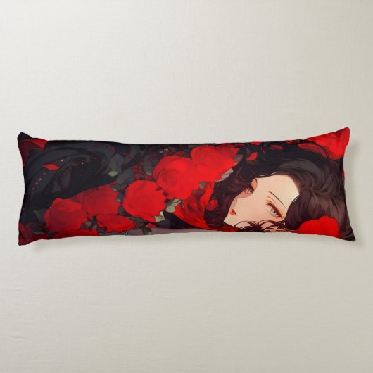 Coussins Longs Femme Anime et Fleurs Rouges (Dos)