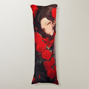 Coussins Longs Femme Anime et Fleurs Rouges