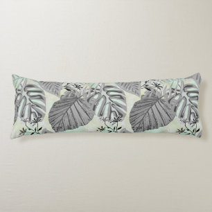 Coussins Longs Feuilles tropicaux gris et fleurs.