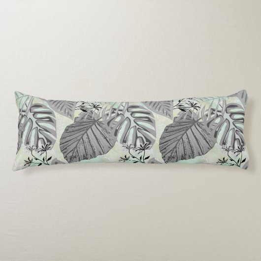 Coussins Longs Feuilles tropicaux gris et fleurs. (Devant)