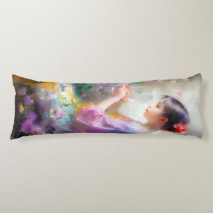 Coussins Longs Fille admirant une fleur dans ses mains