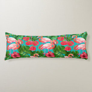 Coussins Longs Flamant rose et aquarelle du jardin tropical